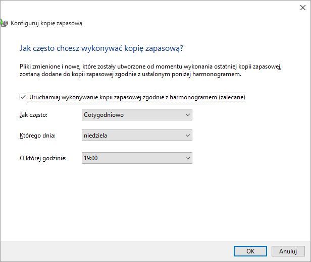 Ustawienia częstotliwości wykonywania kopii zapasowej
