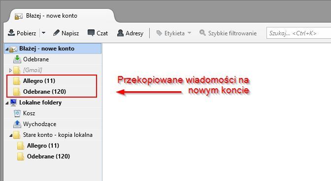 Przekopiowana poczta na nowym koncie w Thunderbirdzie