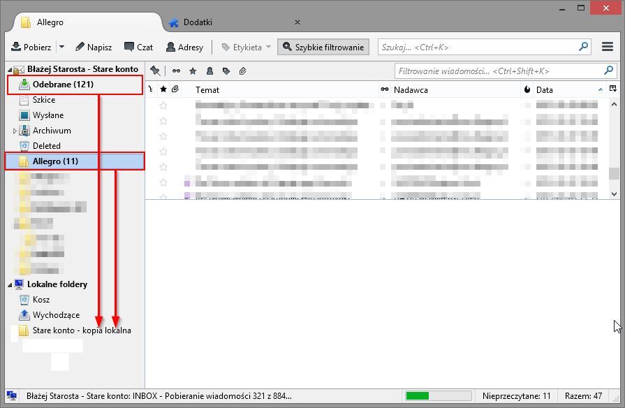 Kopiowanie poczty do folderu lokalnego w Thunderbird