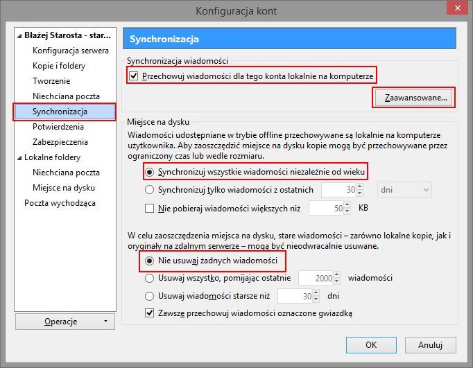 Ustawienia synchronizacji w Thunderbird