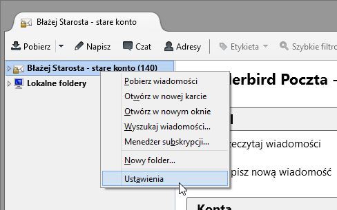 Przejście do ustawień starego konta w Thunderbird