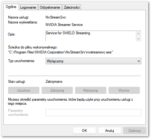 Ustawienia usługi NVIDIA Streamer Service