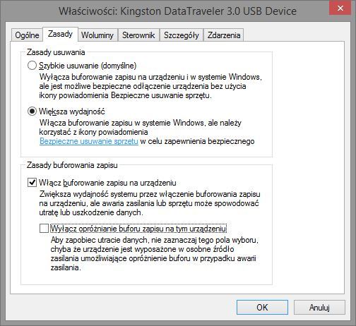Ustawienia zasad usuwania dla urządzenia USB