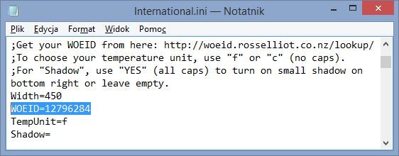 Ustawienia widżetu pogodowego - kod WOEID
