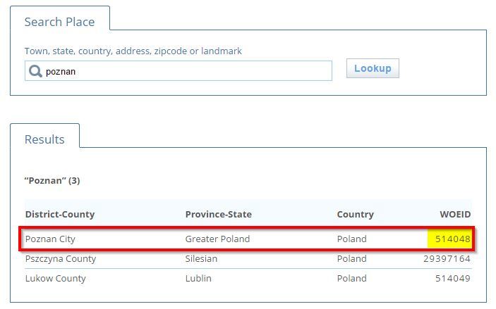 Kopiowanie kodu WOEID dla swojej miejscowości