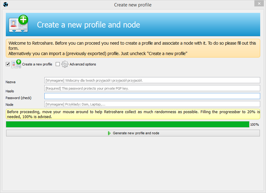 Retroshare - zakładanie profilu