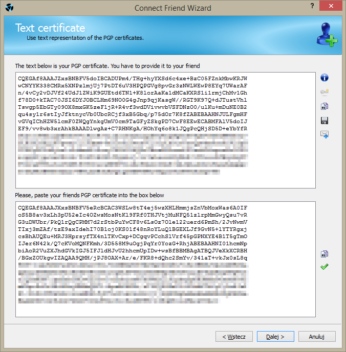 Retroshare - okno dodawania znajomego po certyfikacie