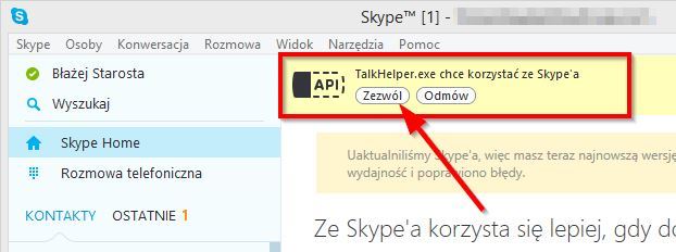 Skype - zezwalanie na korzystanie z TalkHelper