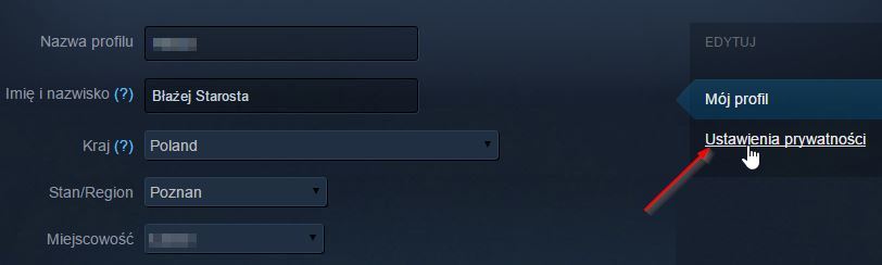 Przejście do ustawień prywatności w Steam