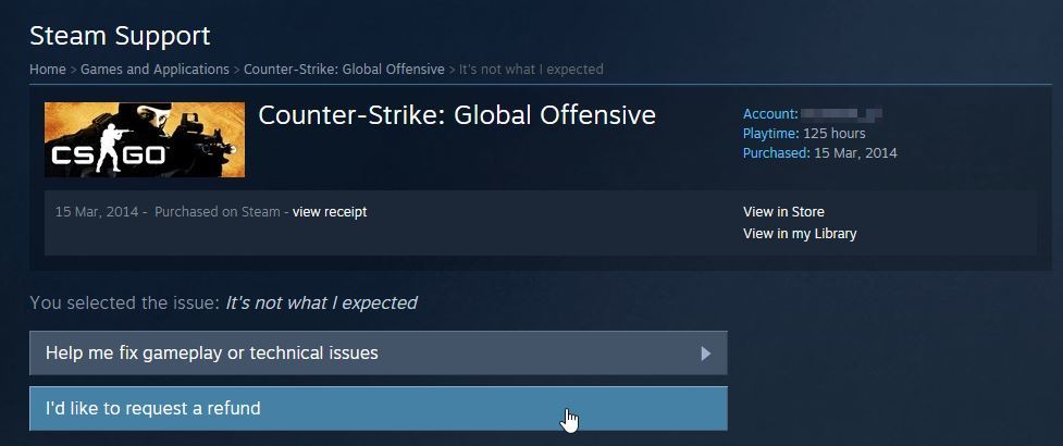 Zwrot gry w Steam