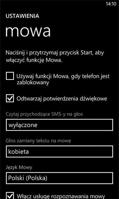 Ustawienia mowy w Windows Phone 8