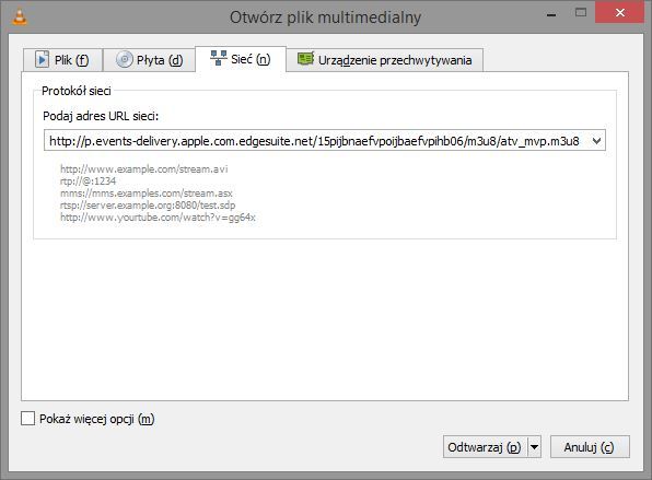 Wklejanie linku do strumienia online w VLC