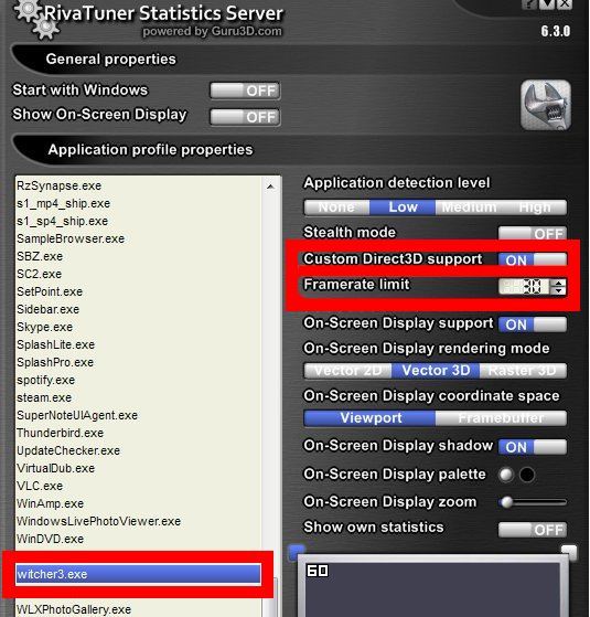 RivaTuner Statistics Server - ustawienia dla Wiedźmina 3