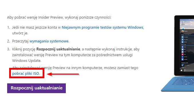 Pobieranie obrazu ISO Windows 10 Insider Preview