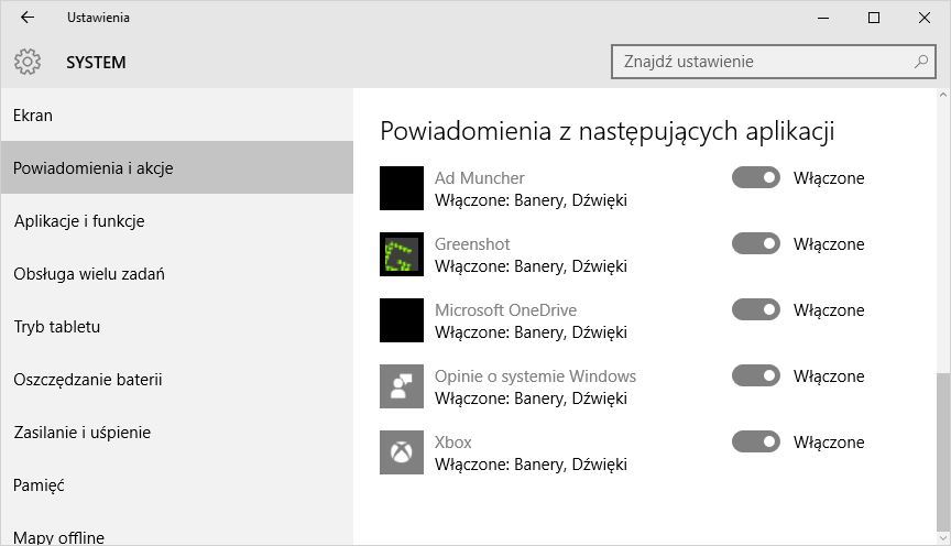 Ustawienia powiadomień w Windowsie 10