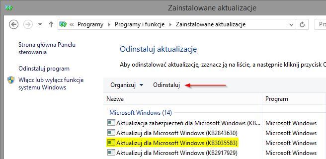 Usuwanie aktualizacji KB3035583