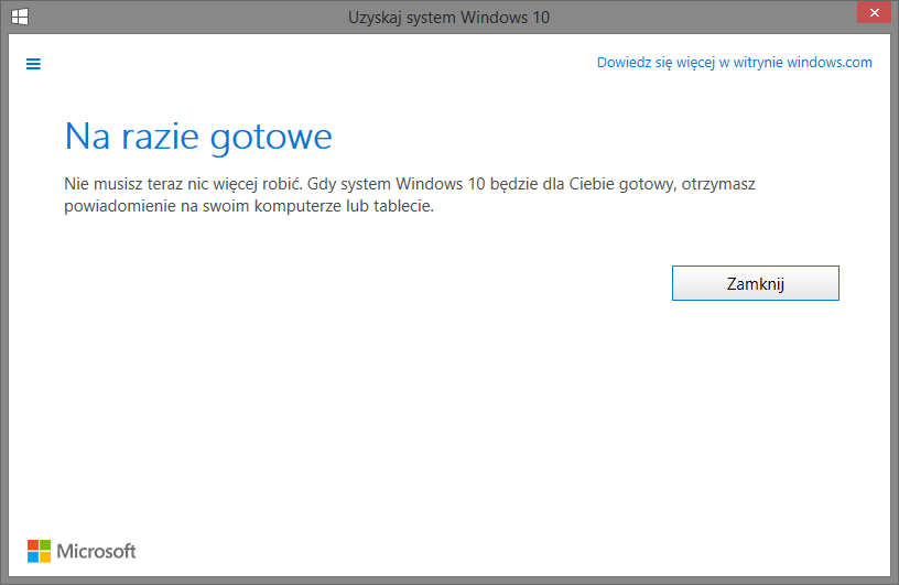 Potwierdzenie rezerwacji Windows 10