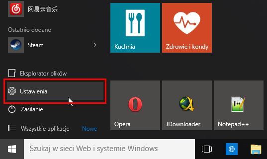 Przejście do ustawień w Windows 10