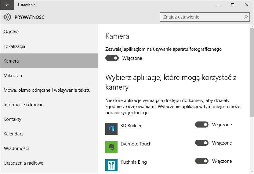 Ustawienia kamery w Windows 10