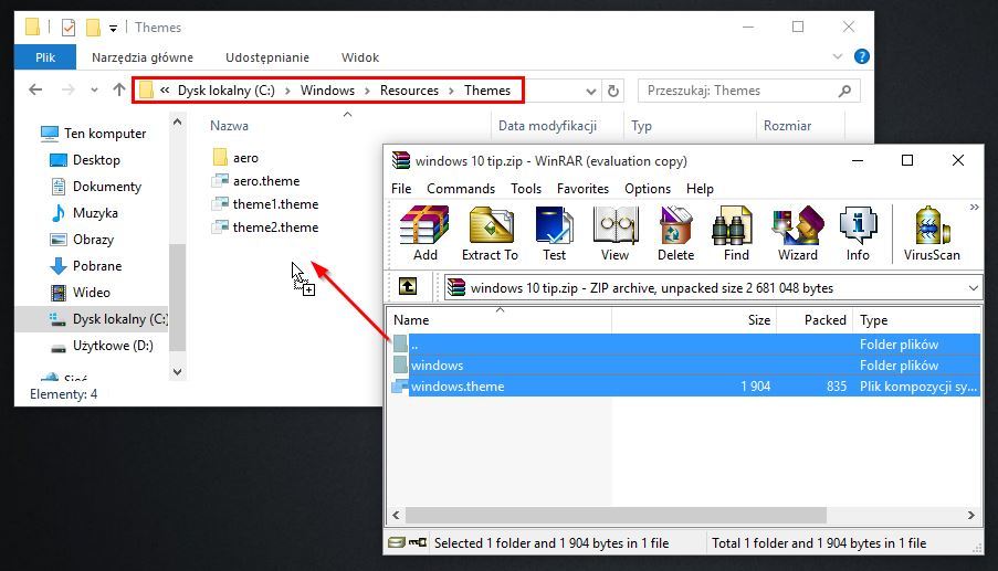 Rozpakowywanie paczki ze zmodyfikowaną kompozycją w Windows 10