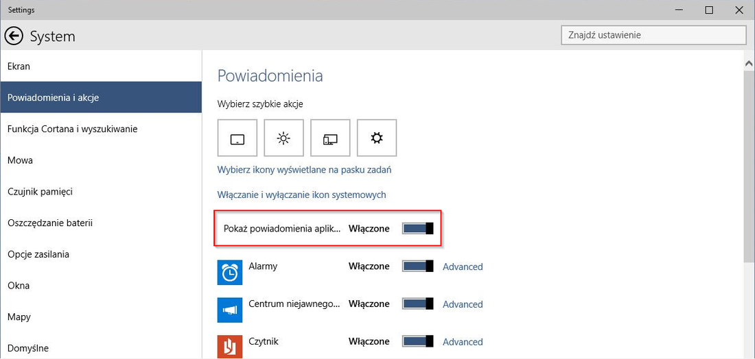 Wyłączanie powiadomień aplikacji w Windows 10