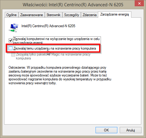 Wyłącz wybudzanie komputera kartą sieciowa