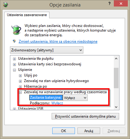 Opcje zasilania i wybudzania według czasomierza