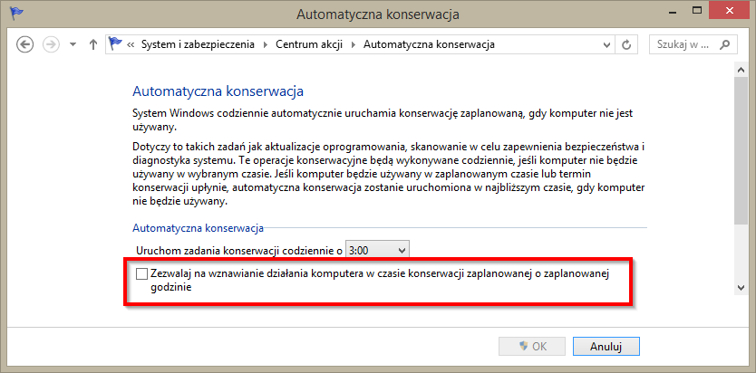 Wyłączanie wybudzania komputera  do automatycznej konserwacji