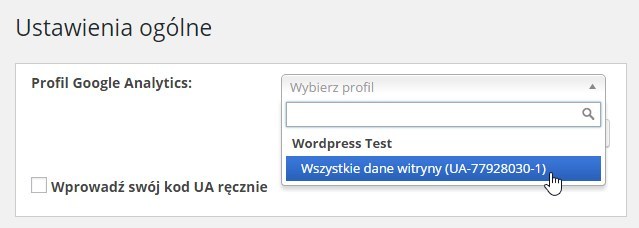 Wybór profilu Google Analytics