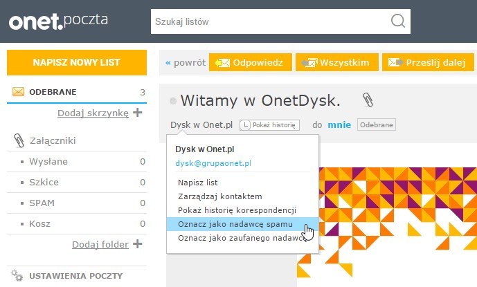 Onet.poczta - oznacz jako SPAM