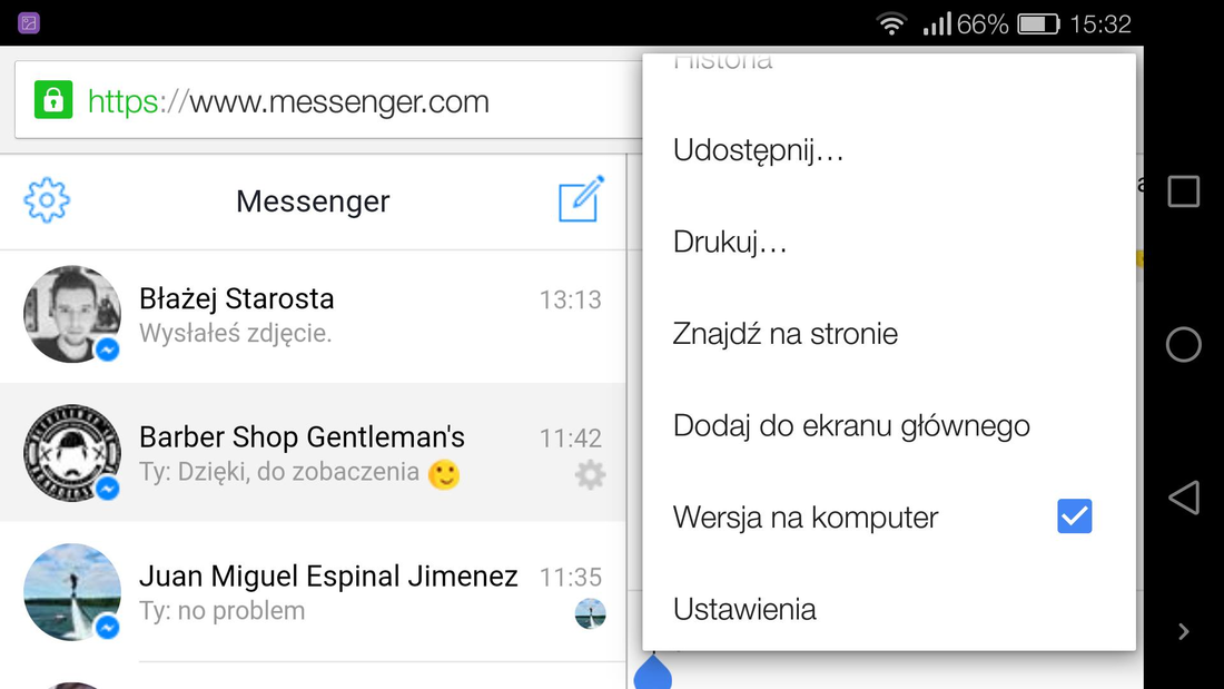 Messenger.com w Chrome na Androidzie