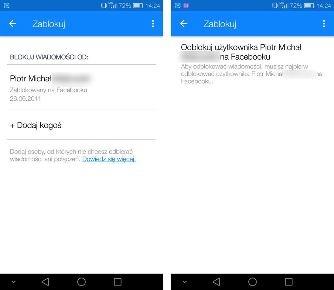 Messenger - lista zablokowanych osób