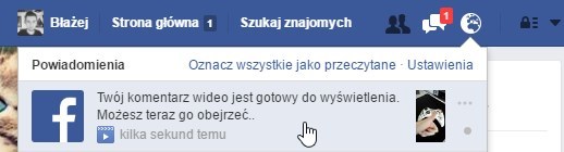 Facebook - powiadomienie o komentarzu wideo