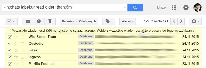 Zaznaczanie wszystkich wiadomości pasujących do kryteriów wyszukiwania