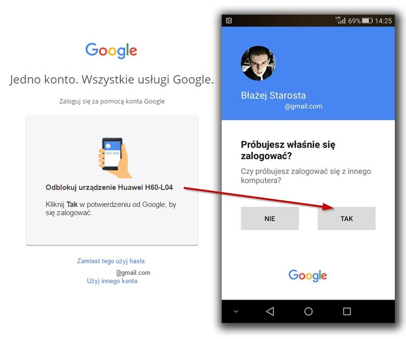 Logowanie na konto Google za pomocą funkcji Google Prompt