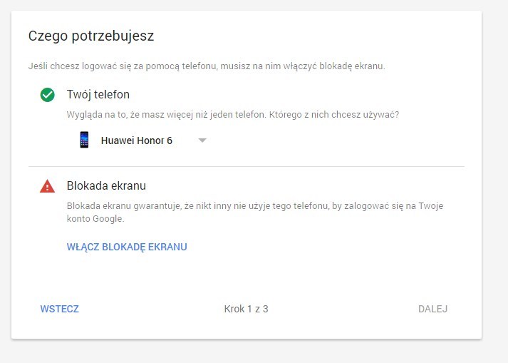 Wybór telefonu i potwierdzenie blokady ekranu