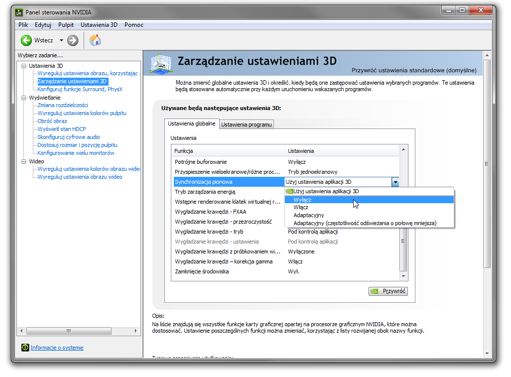 Wyłączanie synchronizacji pionowej w kartach NVIDIA