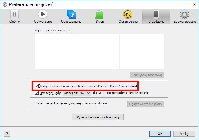 Całkowite wyłączenie automatycznej synchronizacji w iTunes