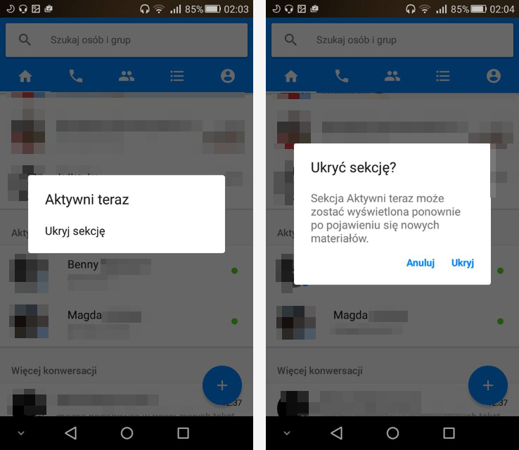 Messenger - ukrywanie aktywni teraz