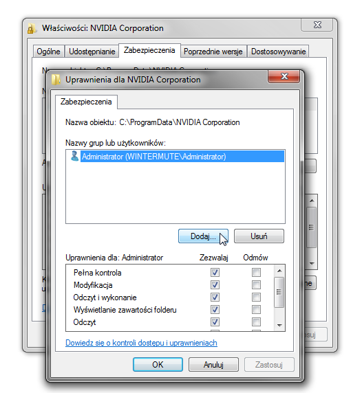 Edycja uprawnień dla NVIDIA Corporation