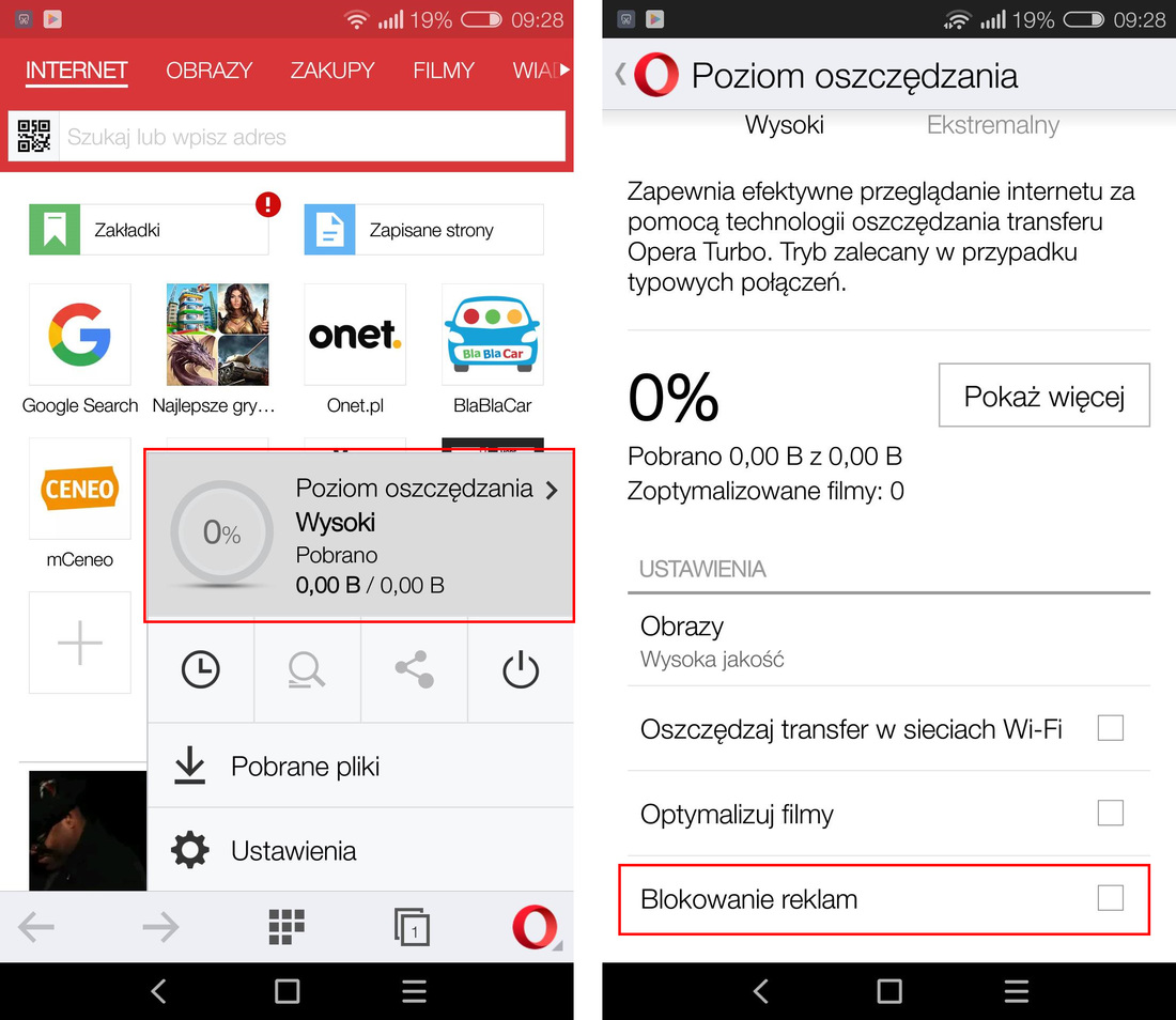 Opcje Opery Mini - blokowanie reklam
