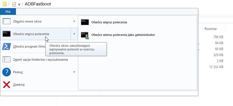 Otwieranie okna wiersza polecenia w folderze ADB Fastboot