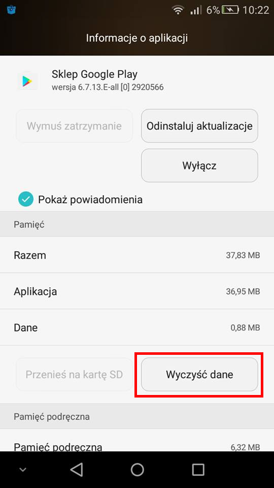 Wyczyść dane Sklepu Google Play