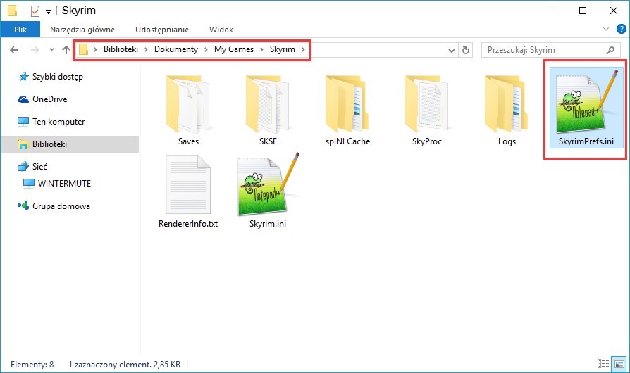 Edytuj plik SkyrimPrefs.ini