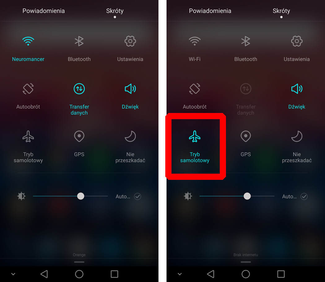 Włącz tryb samolotowy, aby wyłączyć Internet i łącznośc