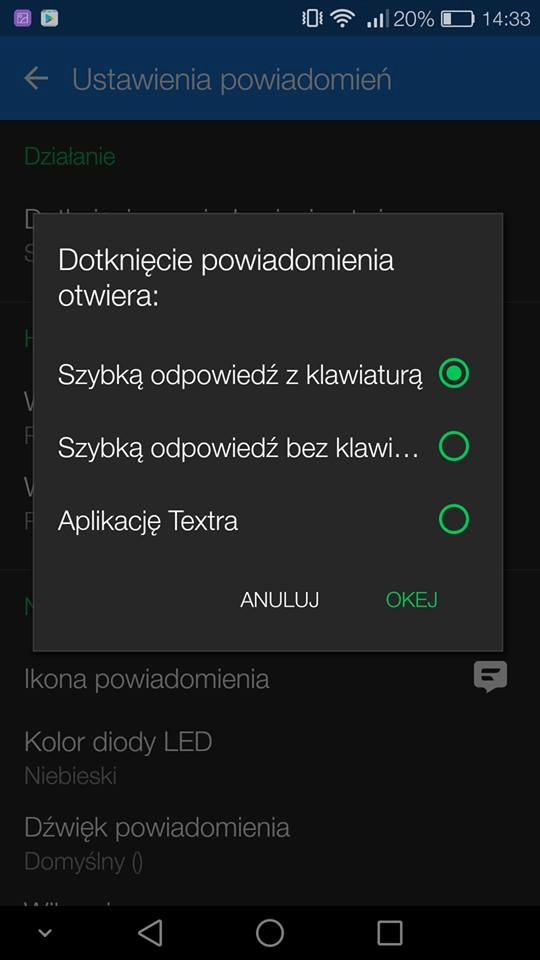 Ustawienia powiadomień w Textra SMS