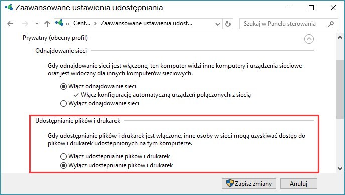 Wyłączanie udostępniania plików i drukarek