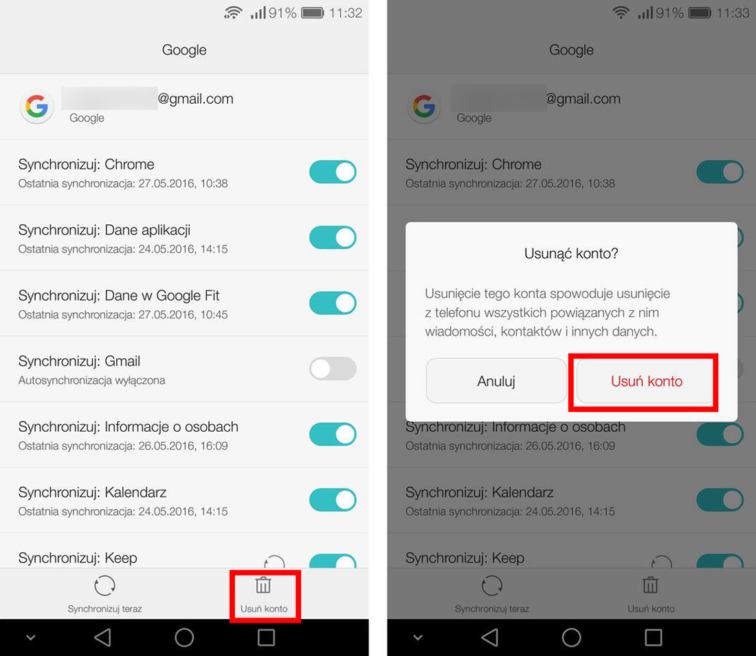 Standardowe usuwanie konta Google w Androidzie