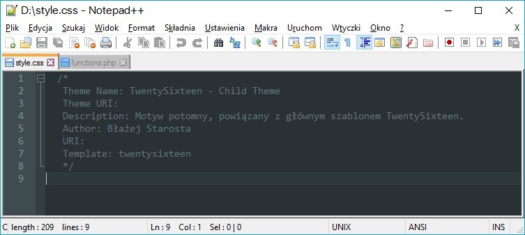 Plik style.css w folderze z Child Theme