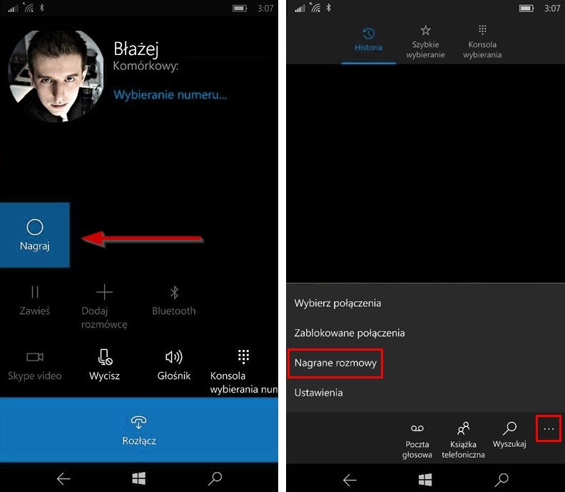 Nagrywanie rozmowy w Windows 10 Mobile